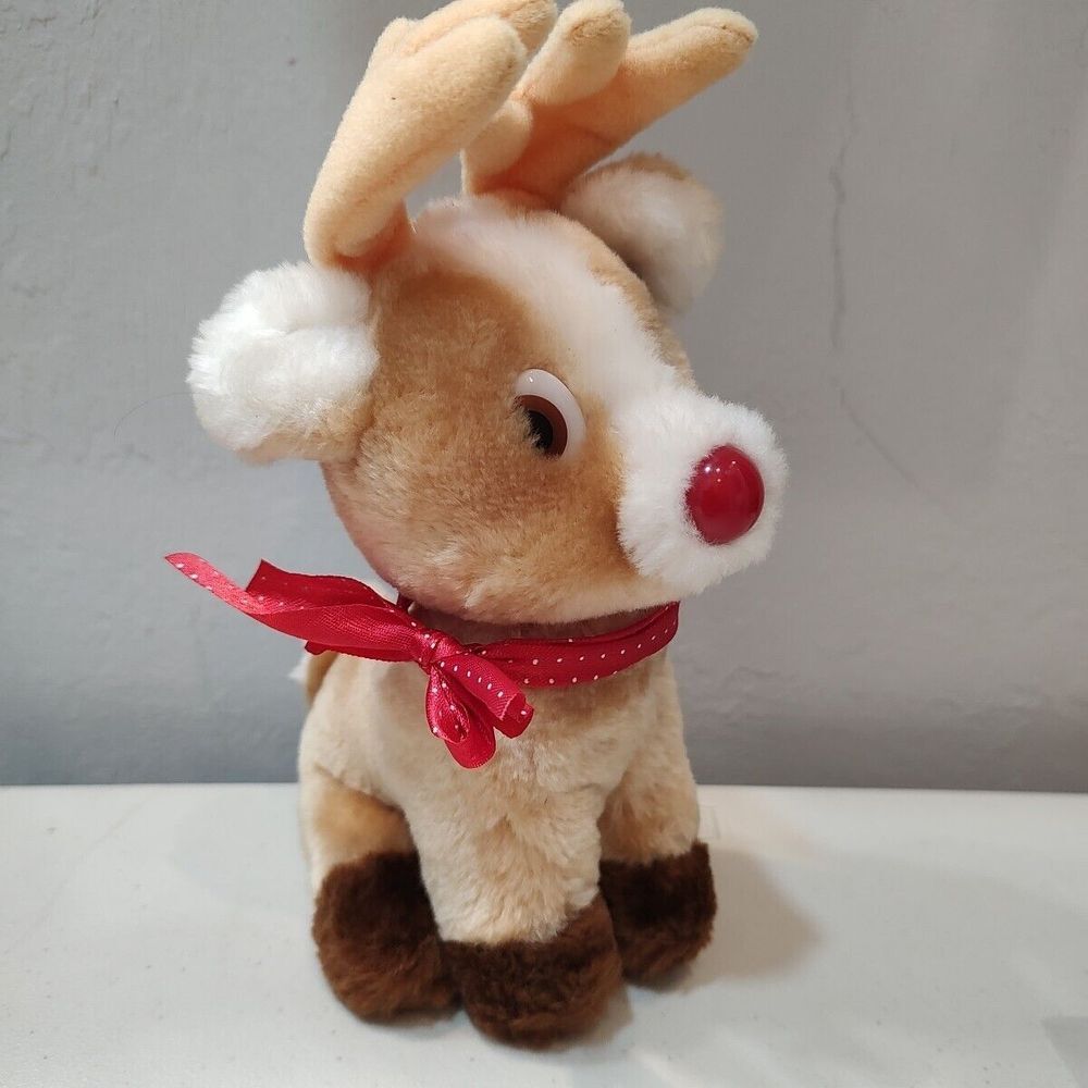 Vtg Russ Roscoe Reindeer Red Nose Plush‎ Stuffed Animal Christmas 9 Inch Red Bow